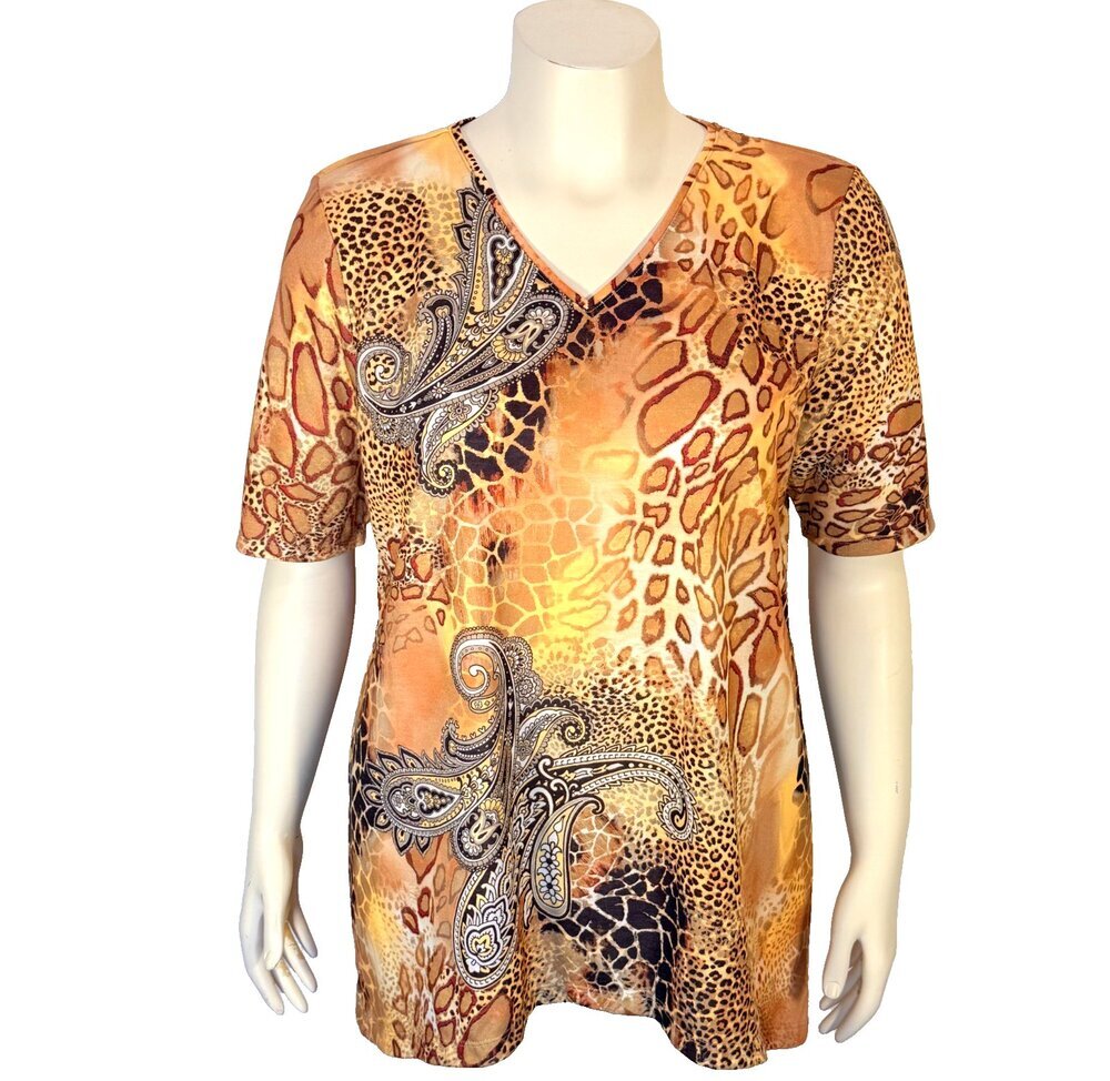 Chico's Tee Shirt Knit Top Women's XL (3) Paisley Animal Print Earthtones V-Neck